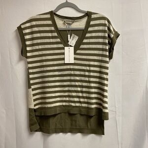 AUTUMN CASHMERE Striped Hi Low V-Neck Tee Army Green/Cream Size XS NWT